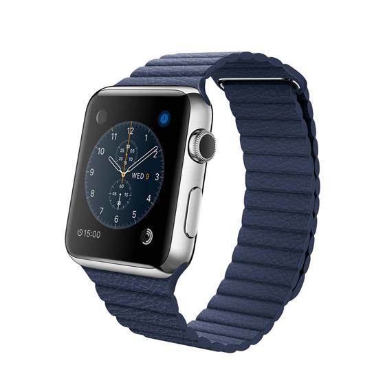 Apple Watch 42mm - pouzdro z nerezové oceli s půlnočně modrým koženým řemínkem