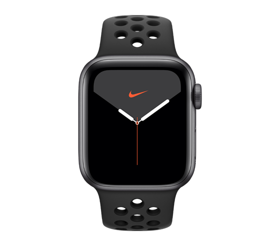 Apple Watch Nike Series 5 - pouzdro z vesmírně šedého hliníku s antracitovým/černým sportovním řemínkem Nike