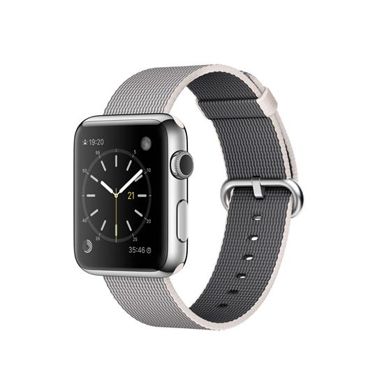 Apple Watch - pouzdro z nerezové oceli s perlově šedým řemínkem z tkaného nylonu - velikosti 38 a 42 mm