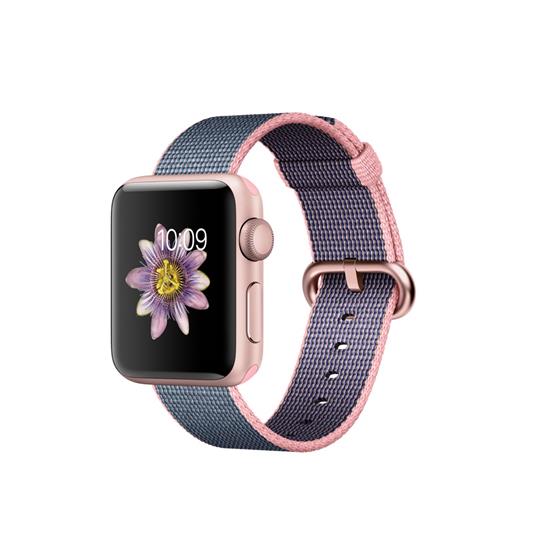 Apple Watch Series 2 - 38mm pouzdro z růžově zlatého hliníku se světle růžovým/půlnočně modrým řemínkem z tkaného nylonu