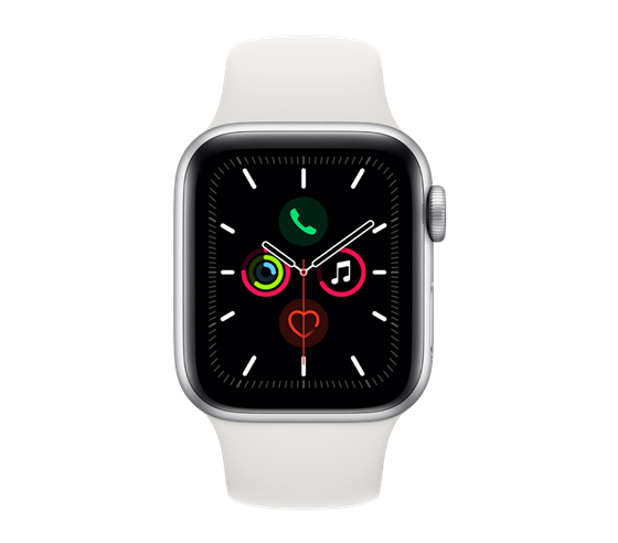 Apple Watch Series 5 - pouzdro ze stříbrného hliníku s bílým sportovním řemínkem