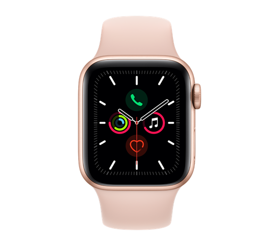 Apple Watch Series 5 - pouzdro ze zlatého hliníku s pískově růžovým sportovním řemínkem