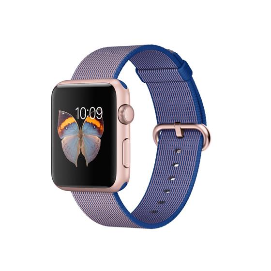Apple Watch Sport - pouzdro z růžově zlatého hliníku s královsky modrým řemínkem z tkaného nylonu - velikosti 38 a 42 mm