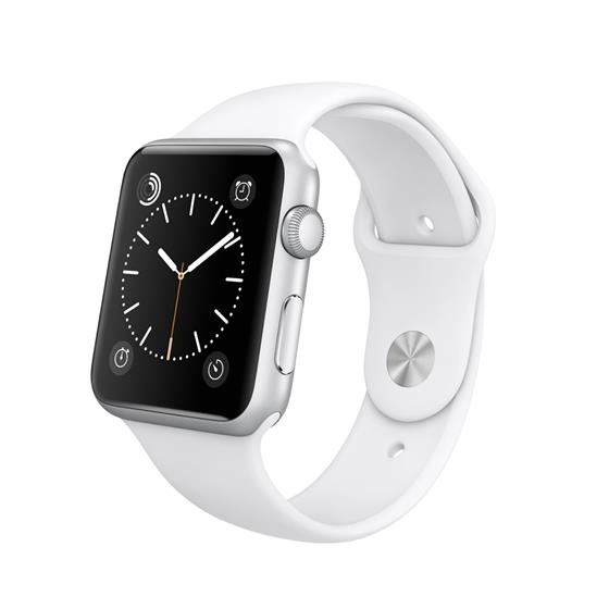 Apple Watch Sport - pouzdro ze stříbrného hliníku s bílým sportovním řemínkem - velikosti 38 a 42 mm