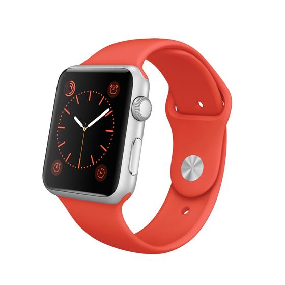Apple Watch Sport - pouzdro ze stříbrného hliníku s oranžovým sportovním řemínkem - velikosti 38 a 42 mm