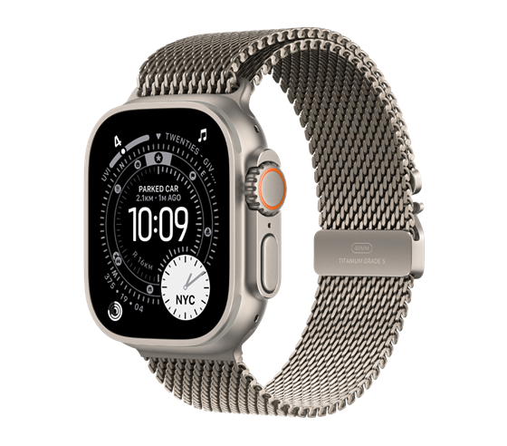 Apple Watch Ultra 3 GPS + Cellular • 49mm pouzdro z přírodního titanu • Milánský tah z přírodního titanu – malý