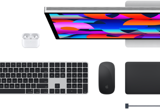Doplňky k Macu: AirPody, Studio Display, Magic Keyboard, Magic Mouse, Magic Trackpad, vesmírně černý MagSafe nabíjecí kabel