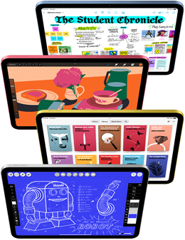 Pohled zepředu na iPady, na kterých jsou otevřené aplikace Apple a další aplikace z App Storu