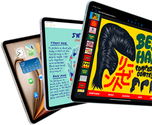 Displeje tří iPadů Air s ukázkou funkcí iPadOS a aplikací