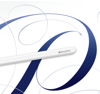 Bílý Apple Pencil Pro na bílém pozadí s modrými vlnami