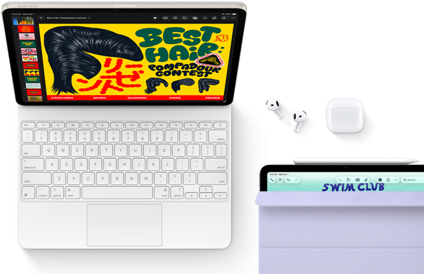 Hvězdně bílý iPad Air připojený k Magic Keyboardu, Airpodům Pro a Apple Pencilu Pro, na displeji iPadu je zobrazená pestrobarevná grafika