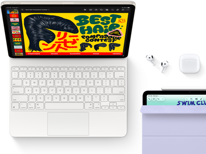 Hvězdně bílý iPad Air připojený k Magic Keyboardu, Airpodům Pro a Apple Pencilu Pro, na displeji iPadu je zobrazená pestrobarevná grafika