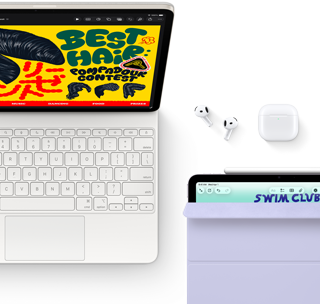 Hvězdně bílý iPad Air připojený k Magic Keyboardu, Airpodům Pro a Apple Pencilu Pro, na displeji iPadu je zobrazená pestrobarevná grafika