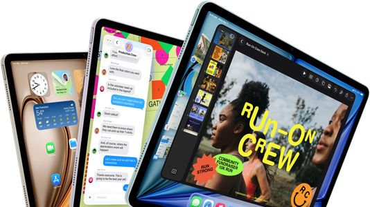 Tři iPady v modré, fialové a hvězdně bílé barvě rozložené do vějíře; pohled zepředu i z boku; na obrazovce jsou aplikace Keynote a Zprávy a plocha