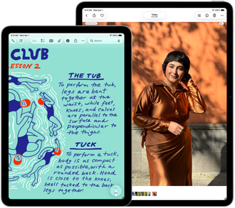 iPad Air ve dvou velikostech, 11 palců a 13 palců, na 11palcovém je zobrazený barevný text v aplikaci Poznámky, na 13palcovém je fotka osoby v aplikaci Fotky