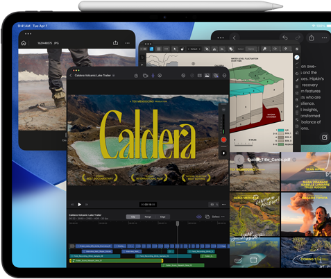 iPad Pro, pohled zepředu, orientace na šířku, vesmírně černá barva, Apple Pencil přicvaknutý k horní straně zařízení, displej s několika okny aplikací otevřenými přes sebe – Final Cut Pro s časovou osou a různými funkcemi na úpravy videa, Mapy, Poznámky a různé mediální ukázky