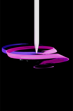 Apple Pencil Pro, pohled zepředu, orientace na výšku, boční profil, bílá barva, kreslí abstraktní fialové a růžové pruhové vzory