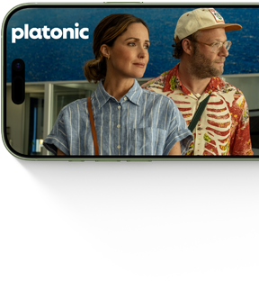 iPhone 17, pohled zepředu, na displeji je vidět seriál Apple TV+ Čistě platonicky