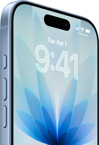 iPhone 17, pohled zepředu, mlhově modrá barva, Dynamic Island nahoře uprostřed, akční tlačítko a tlačítka hlasitosti