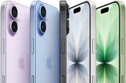 iPhone 17, pohled zepředu, zezadu a z boku, pět barev: levandulový, mlhově modrý, černý, bílý a šalvějově zelený