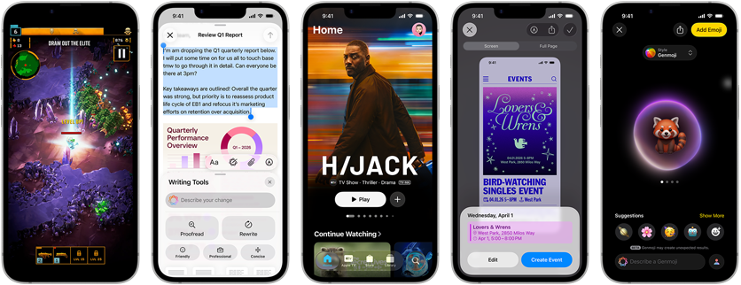 Pohled na iPhony 17e vedle sebe, na displejích je vidět rozehraná hra, Psací nástroje, aplikace Apple TV, vytváření události v kalendáři a vytváření Genmoji