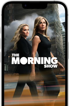 Pohled na displej iPhonu 17e, na kterém běží seriál The Morning Show v Apple TV