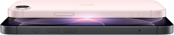 iPhone 17e, horizontální pohled z boku a zezadu, jemně růžová barva, iPhone 17e, horizontální pohled z boku a zezadu, černá barva