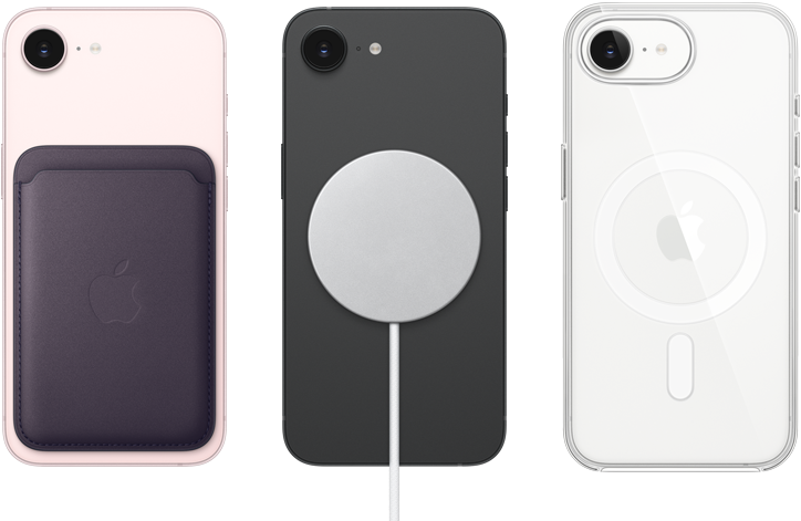 iPhone 17e, pohled zezadu, jemně růžová barva, přicvaknutá peněženka z tkaniny FineWoven s MagSafe, iPhone 17e, pohled zezadu, černá barva, přicvaknutá MagSafe nabíječka, iPhone 17e, pohled zezadu, bílá barva, nasazený průhledný kryt s MagSafe