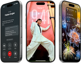 Tři modely iPhonu 17 Pro zobrazené vedle sebe, pohled zepředu, ukázka iOS 26, prostředí Liquid Glass a funkcí Apple Intelligence