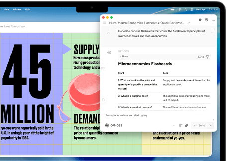 Obrazovka MacBooku&nbsp;Air s&nbsp;ukázkou použití Psacích nástrojů Apple Intelligence k&nbsp;vytvoření flash karet o&nbsp;mikro‑ a&nbsp;makroekonomii