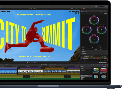 Částečný pohled na obrazovku MacBooku&nbsp;Air s&nbsp;rozpracovanými úpravami videa ukazuje schopnosti čipu&nbsp;M5