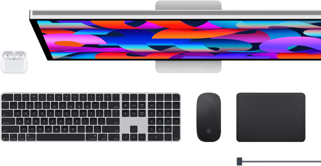 Doplňky k&nbsp;Macu: AirPody, Studio&nbsp;Display, Magic&nbsp;Keyboard, Magic&nbsp;Mouse, Magic&nbsp;Trackpad, MagSafe nabíjecí kabel