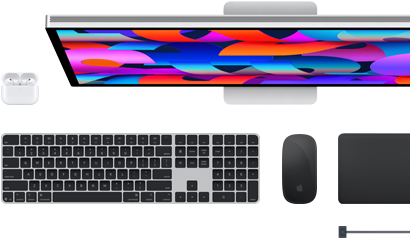 Doplňky k&nbsp;Macu: AirPody, Studio&nbsp;Display, Magic&nbsp;Keyboard, Magic&nbsp;Mouse, Magic&nbsp;Trackpad, MagSafe nabíjecí kabel