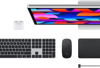 Doplňky k&nbsp;Macu: AirPody, Studio&nbsp;Display, Magic&nbsp;Keyboard, Magic&nbsp;Mouse, Magic&nbsp;Trackpad, MagSafe nabíjecí kabel