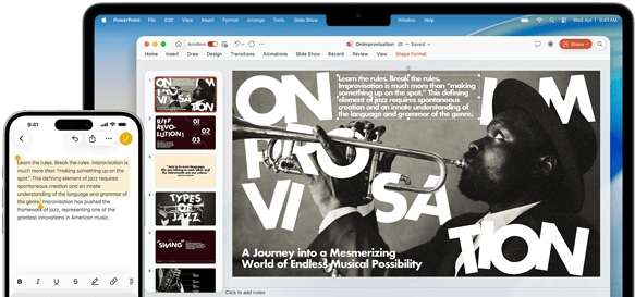 iPhone&nbsp;16&nbsp;Plus se zvýrazněným textem v&nbsp;aplikaci Poznámky, MacBook&nbsp;Air s&nbsp;otevřenou prezentací v&nbsp;Keynotu, na snímku je viditelný text z&nbsp;aplikace Poznámky