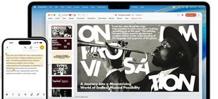 iPhone&nbsp;16&nbsp;Plus se zvýrazněným textem v&nbsp;aplikaci Poznámky, MacBook&nbsp;Air s&nbsp;otevřenou prezentací v&nbsp;Keynotu, na snímku je viditelný text z&nbsp;aplikace Poznámky