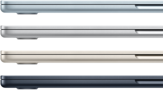 Pohled z&nbsp;boku na čtyři MacBooky&nbsp;Air ve čtyřech různých barvách
