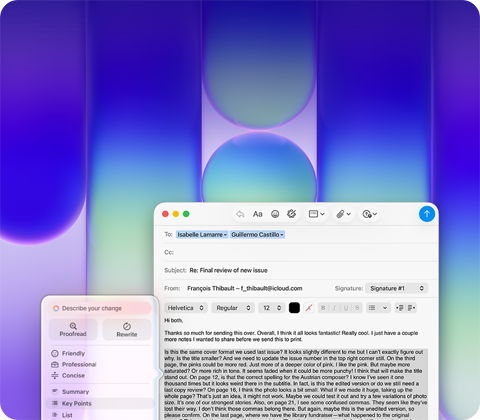 Obrazovka MacBooku Neo s ukázkou použití Psacích nástrojů Apple Intelligence v Mailu, uživatel si nechává zkontrolovat delší odstavec v e‑mailu, který obsahuje zpětnou vazbu na publikaci