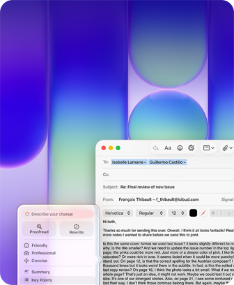 Obrazovka MacBooku Neo s ukázkou použití Psacích nástrojů Apple Intelligence v Mailu, uživatel si nechává zkontrolovat delší odstavec v e‑mailu, který obsahuje zpětnou vazbu na publikaci