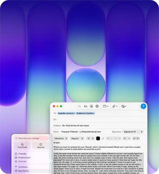 Obrazovka MacBooku Neo s ukázkou použití Psacích nástrojů Apple Intelligence v Mailu, uživatel si nechává zkontrolovat delší odstavec v e‑mailu, který obsahuje zpětnou vazbu na publikaci