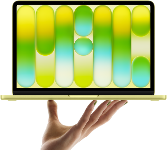 Otevřená ruka, která na prstech vyvažuje MacBook Neo v citrusově žluté, na displeji se zobrazuje abstraktní barevný vzor