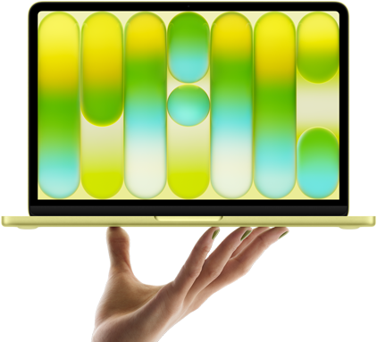 Otevřená ruka, která na prstech vyvažuje MacBook Neo v citrusově žluté, na displeji se zobrazuje abstraktní barevný vzor