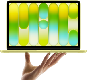Otevřená ruka, která na prstech vyvažuje MacBook Neo v citrusově žluté, na displeji se zobrazuje abstraktní barevný vzor