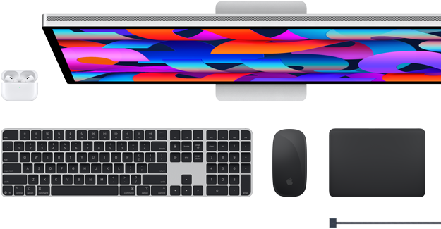 Doplňky k Macu: AirPody, Studio Display, Magic Keyboard, Magic Mouse, Magic Trackpad, vesmírně černý MagSafe nabíjecí kabel
