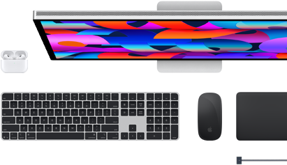 Doplňky k Macu: AirPody, Studio Display, Magic Keyboard, Magic Mouse, Magic Trackpad, vesmírně černý MagSafe nabíjecí kabel
