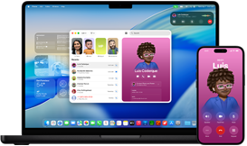 MacBook Pro a iPhone 16 Plus, otevřená aplikace Telefon, na obou obrazovkách se ukazuje stejný obsah