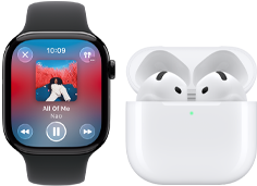 Apple Watch Series 11, břidlicově šedé titanové pouzdro, řemínek: černý sportovní řemínek, aplikace Apple Music, obrazovka Právě hraje, spárované s AirPody