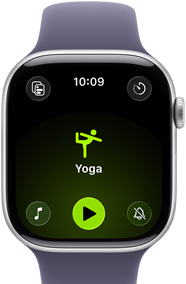 Apple Watch Series 11, pouzdro ze stříbrného hliníku, otevřené cvičení Jóga, na pravém boku: korunka Digital Crown, mlžně fialový sportovní řemínek