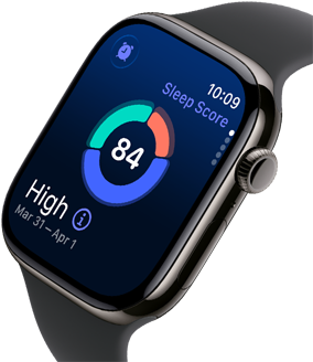 Pohled zblízka na Apple Watch Series 11 s pouzdrem z břidlicově šedého titanu, na obrazovce je vidět spánkové skóre