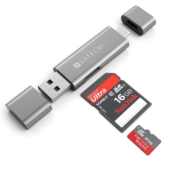 Satechi kombinovaná hliníková USB-C a USB 3.0 čtečka micro/SD karet, vesmírně šedá